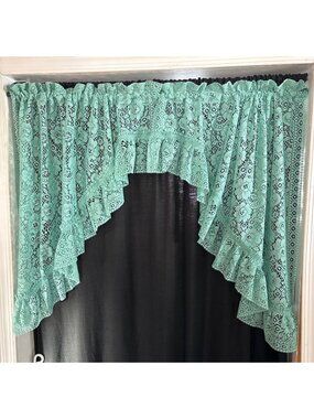 Green Lace Window Valance Curtains 76"W x 36"H Elegant Floral Design